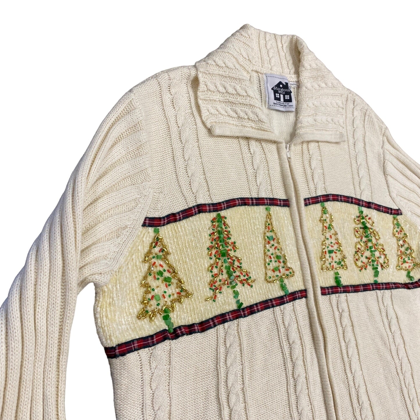 Storybook Knits Christmas Sweater Beaded XL Ivory Full Zip Holidaycore Granny