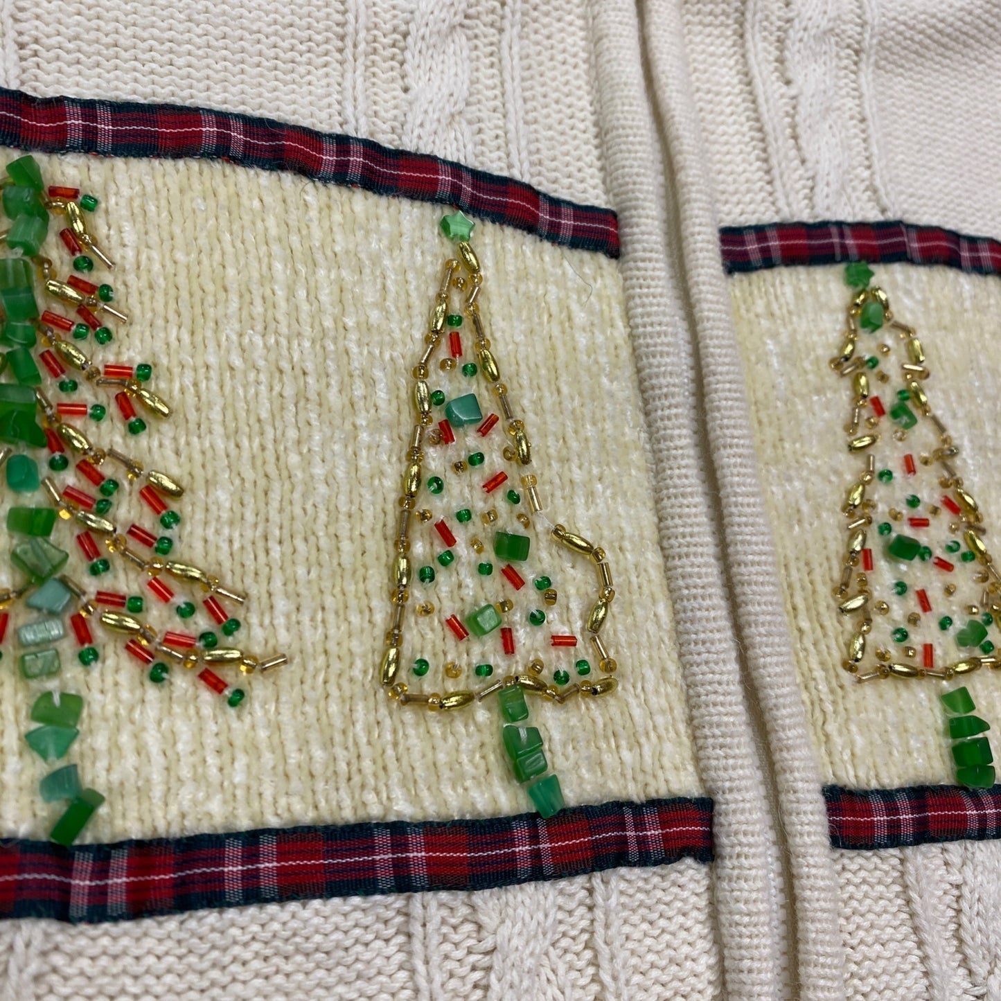 Storybook Knits Christmas Sweater Beaded XL Ivory Full Zip Holidaycore Granny