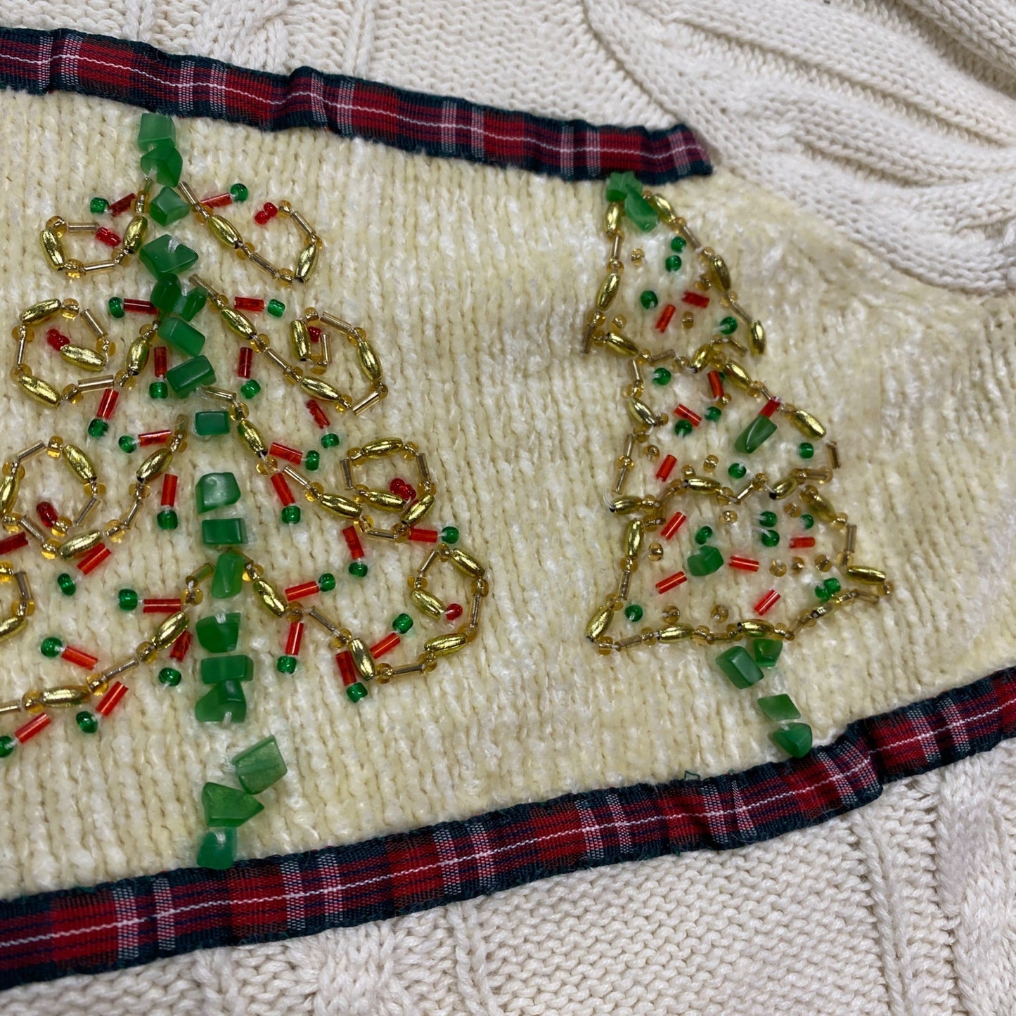 Storybook Knits Christmas Sweater Beaded XL Ivory Full Zip Holidaycore Granny
