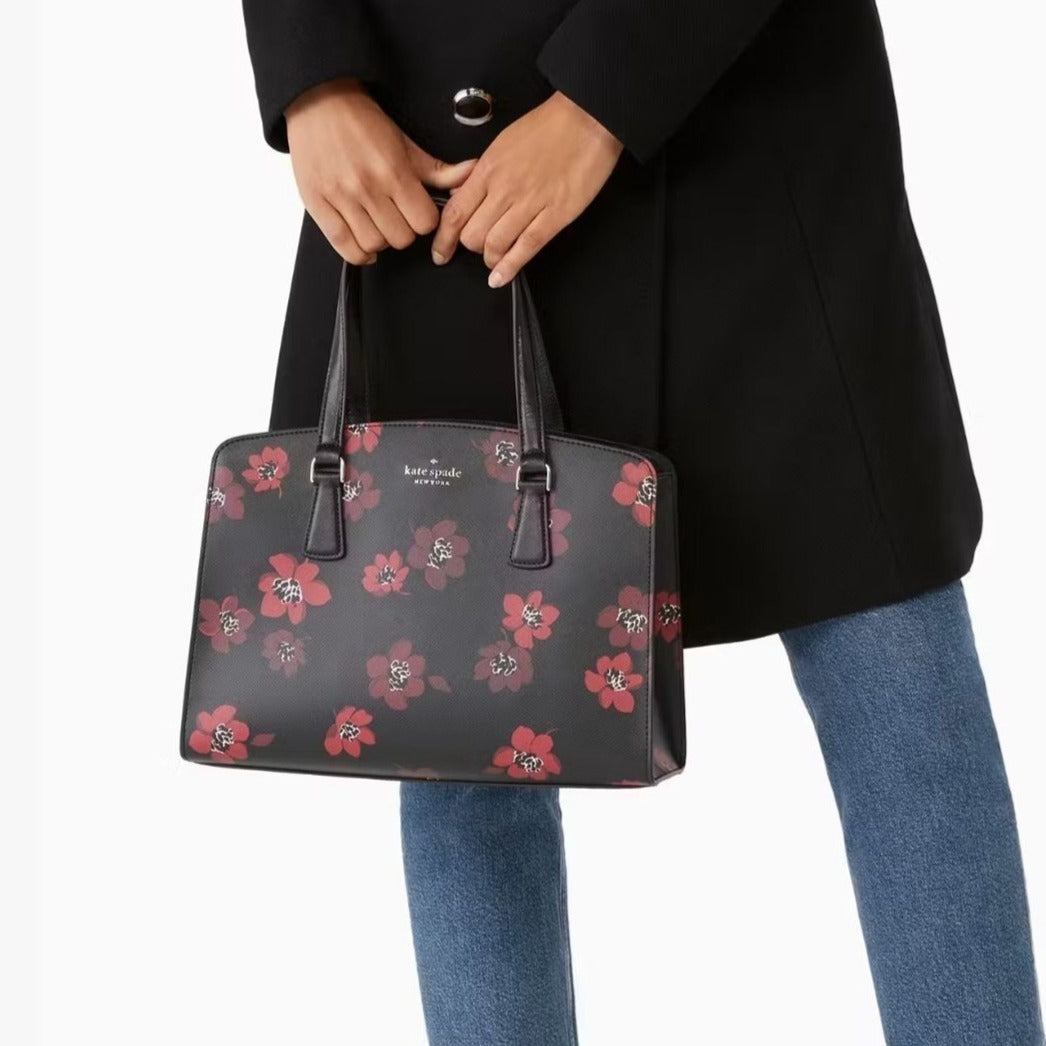 Kate Spade Dancing Blooms Medium Satchel Black Red Floral Handbag Tote Purse