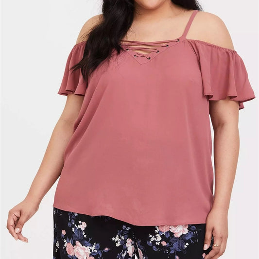 Torrid Womens 4 Dusty Rose Georgette Lace-Up Cold Shoulder Blouse Flutter Sleeve