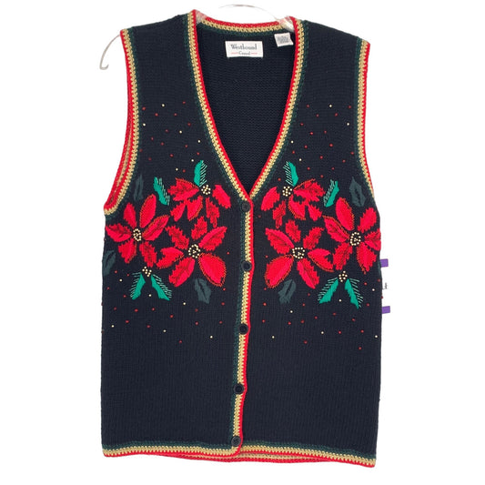 Vintage Christmas Sweater Vest Westbound S Black Poinsettia Embroidered Beaded