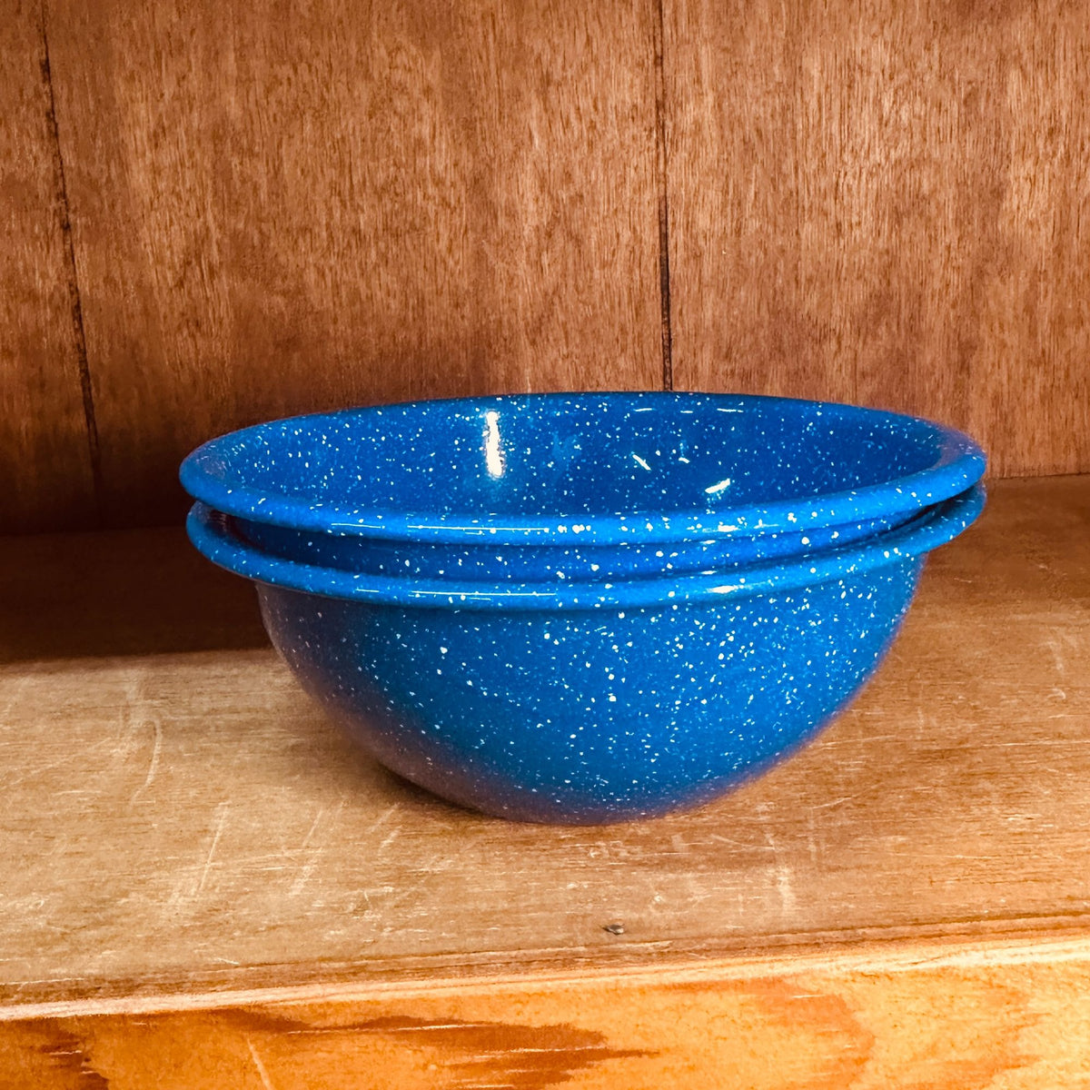 Vtg Blue White Speckle Enamel Graniteware Bowls 6” Diameter Soup Cereal 2 pc Set