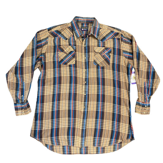 Panhandle Slim Pearl Snap Shirt Western 90s L Plaid Brown Blue Cowboy Americana