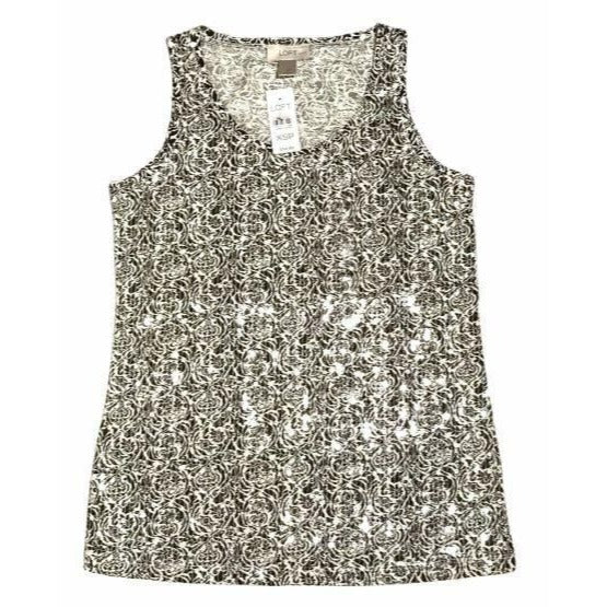 LOFT XSP Petite Sequin Front Tank Black White Print Sleeveless Blouse NWT