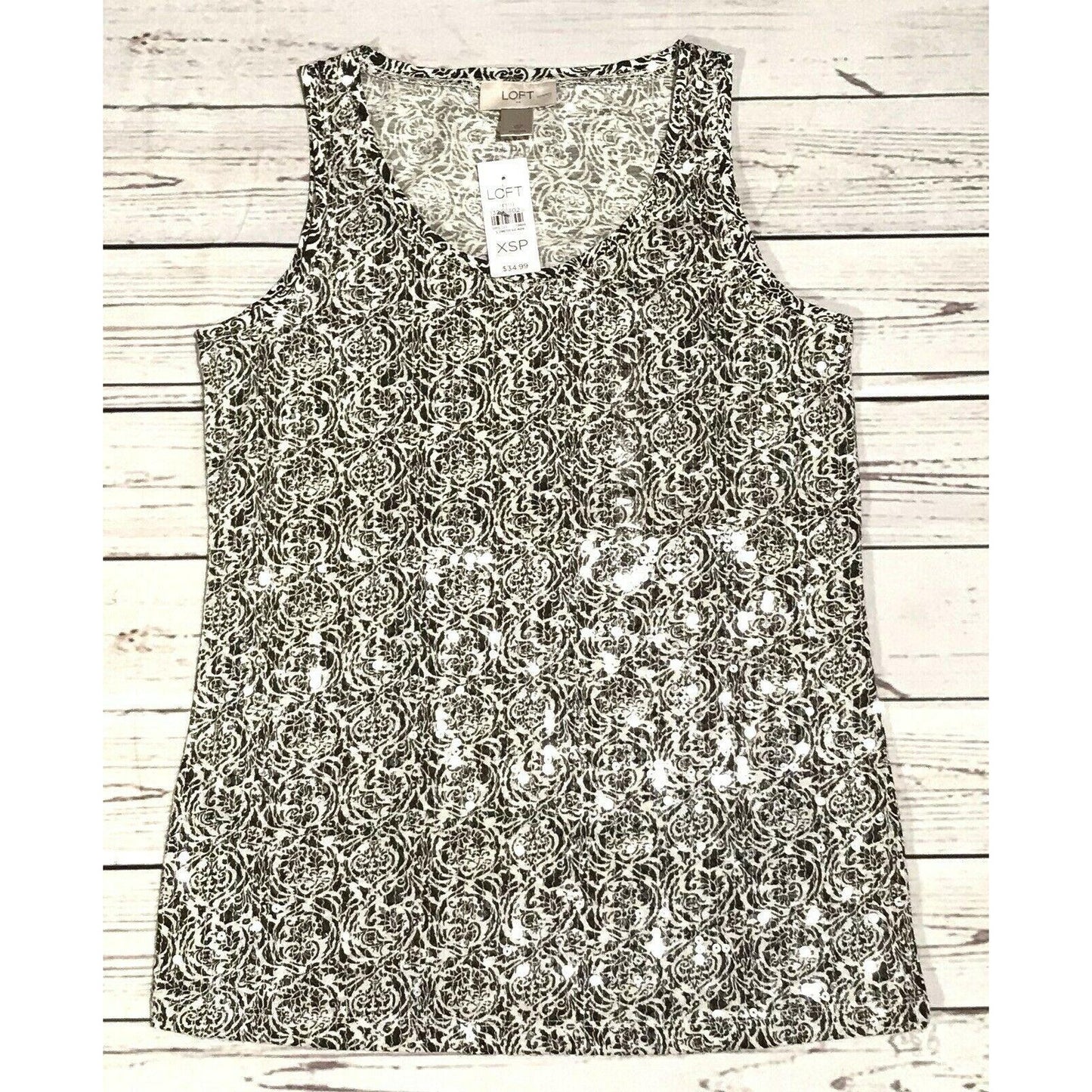 LOFT XSP Petite Sequin Front Tank Black White Print Sleeveless Blouse NWT