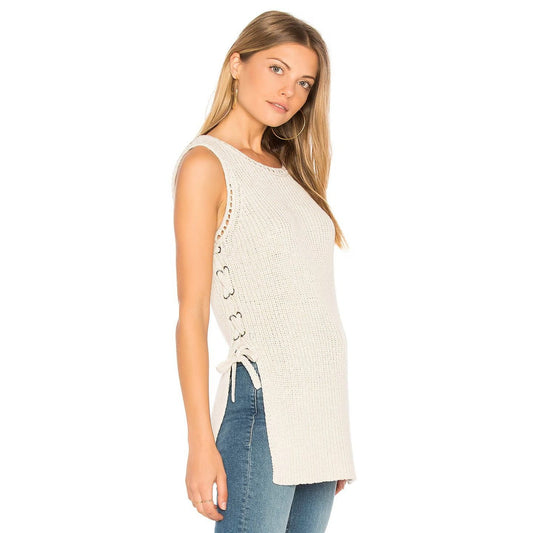 Cupcakes & Cashmere Womens L Beige Heavy Knit Sleeveless Sweater Lace Up Side