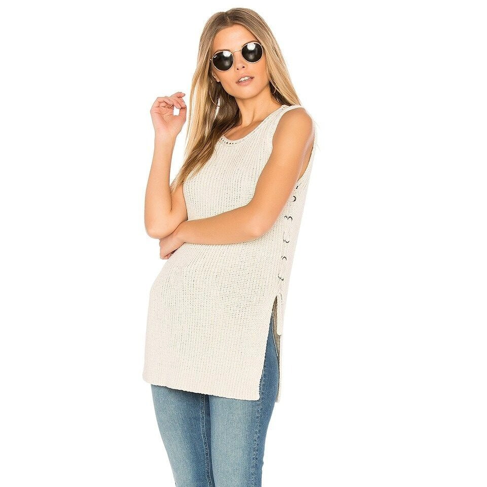 Cupcakes & Cashmere Womens L Beige Heavy Knit Sleeveless Sweater Lace Up Side