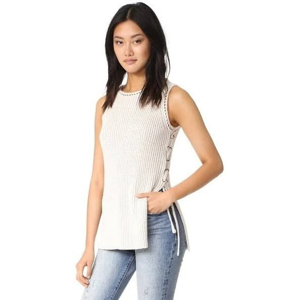 Cupcakes & Cashmere Womens L Beige Heavy Knit Sleeveless Sweater Lace Up Side