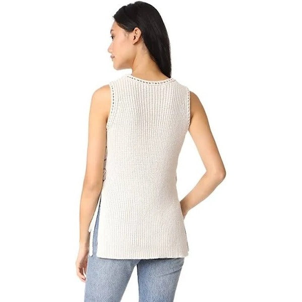 Cupcakes & Cashmere Womens L Beige Heavy Knit Sleeveless Sweater Lace Up Side