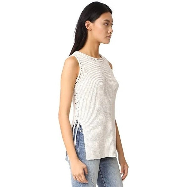 Cupcakes & Cashmere Womens L Beige Heavy Knit Sleeveless Sweater Lace Up Side