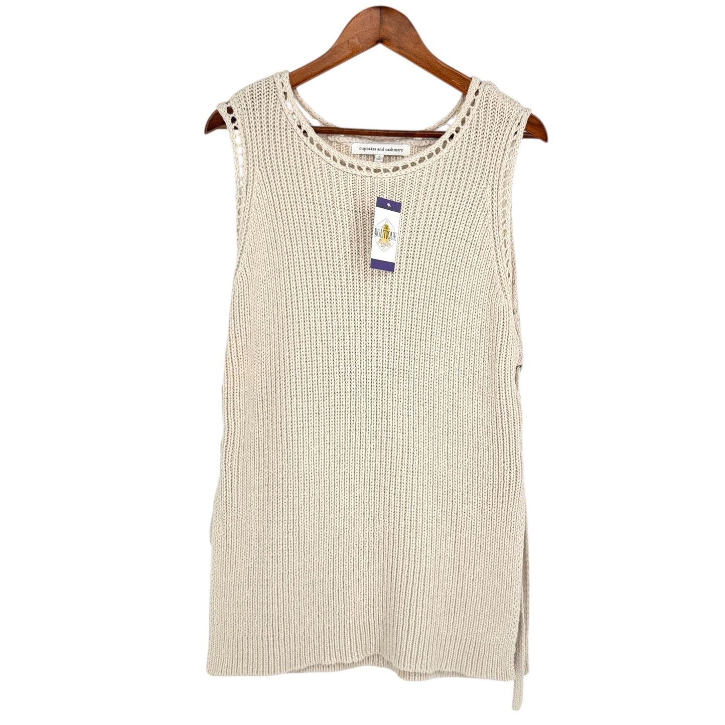 Cupcakes & Cashmere Womens L Beige Heavy Knit Sleeveless Sweater Lace Up Side