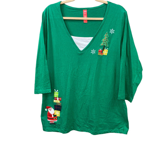Christmas Tshirt 2XL 18/20 Green Embroidered Santa Casual Holiday Novelty Kitsch