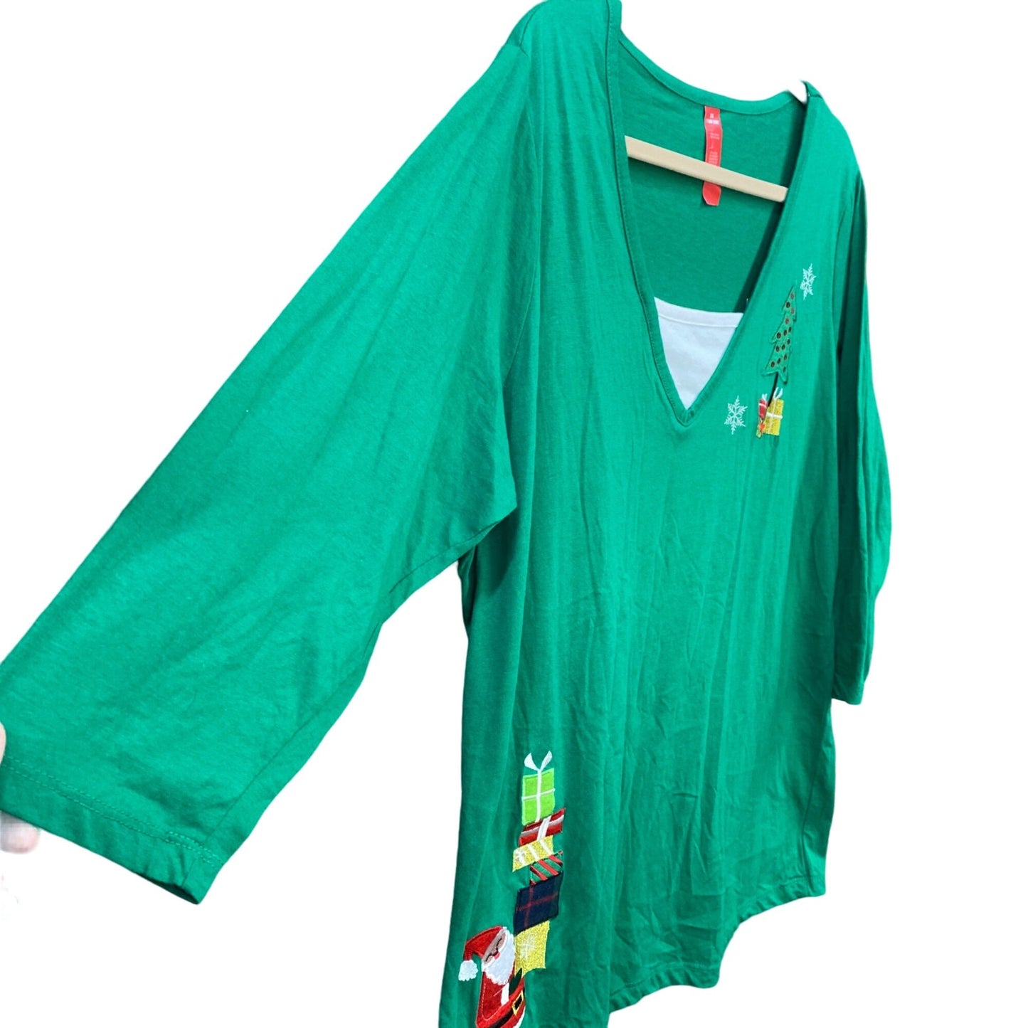 Christmas Tshirt 2XL 18/20 Green Embroidered Santa Casual Holiday Novelty Kitsch