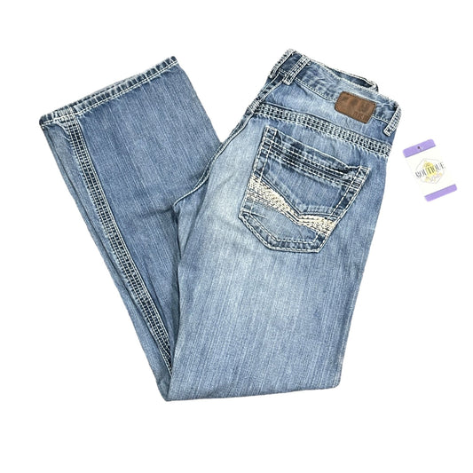 BKE Jeans Carter Mens 31R Boot Cut Light Wash Denim Thick Stitch Buckle ABM20086