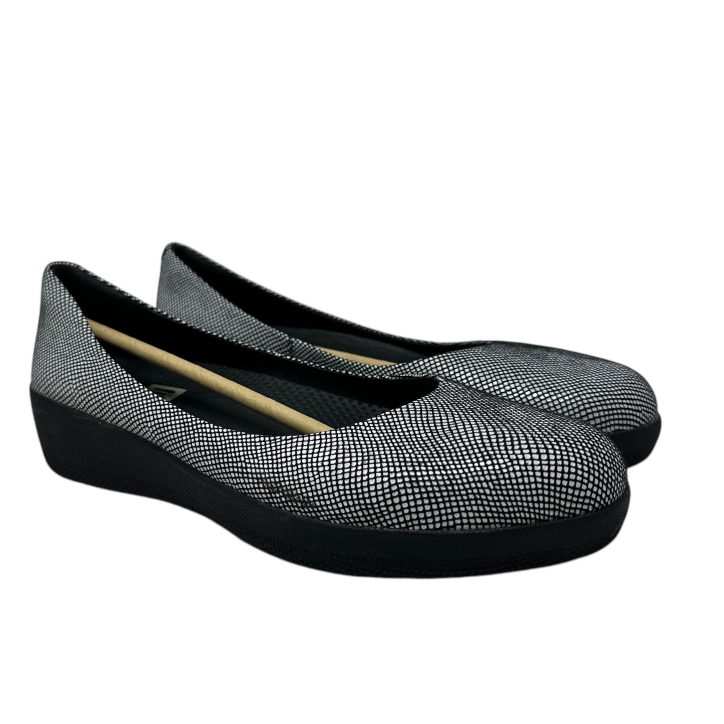 Fitflop Womens 7.5 Suede Super Ballerina Flats Super Comff Black Foil Snakeprint