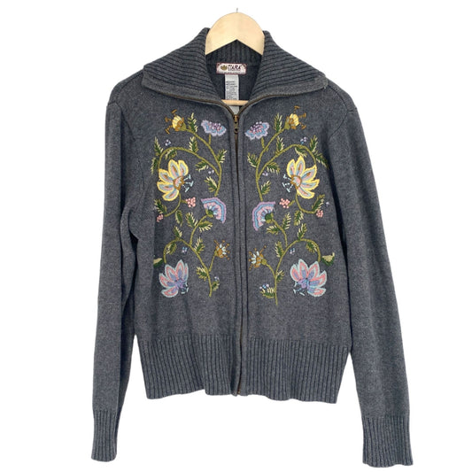 Vtg Tiara Cardigan Sweater Gray Floral Embroidered Full Zip Cottagecore Granny S