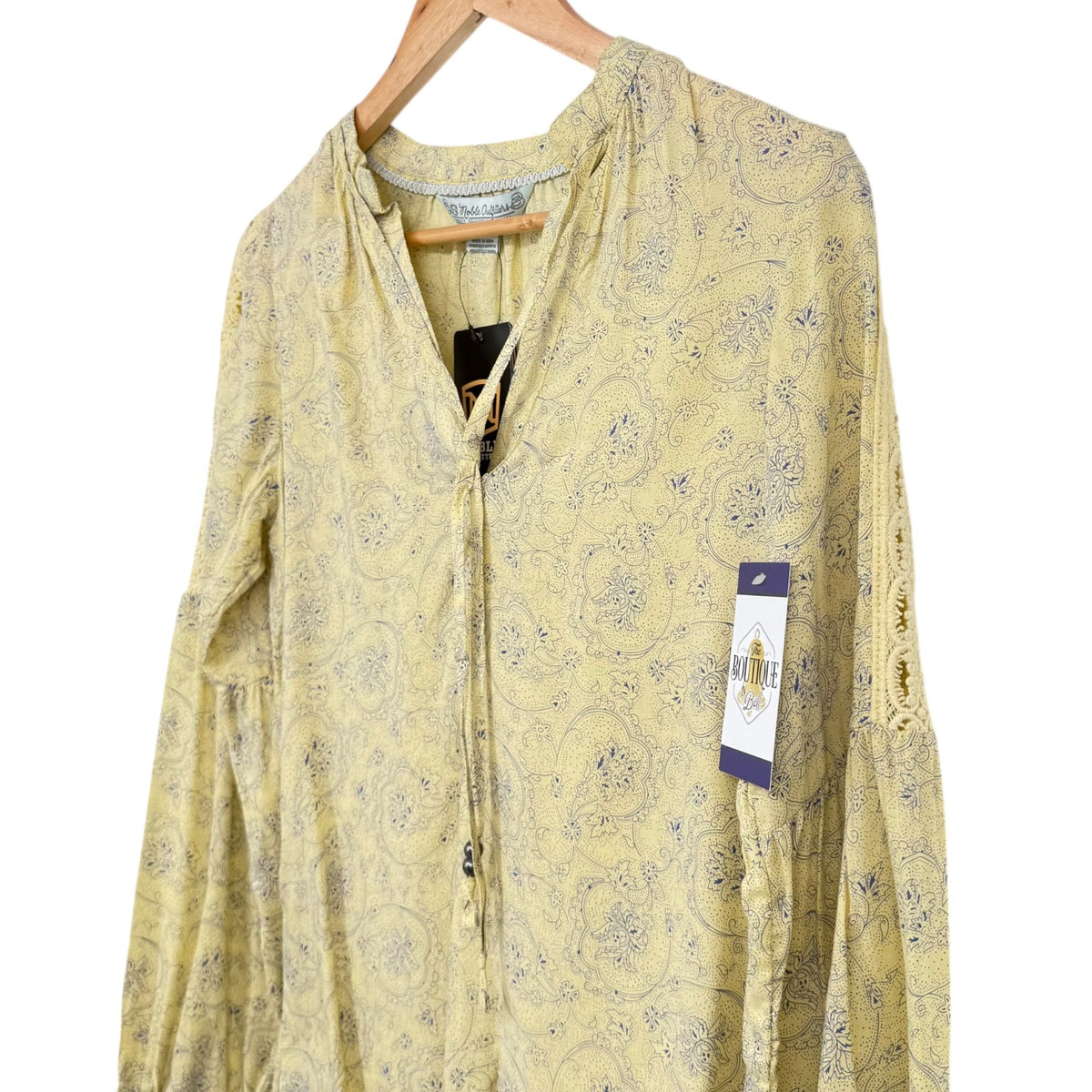 NWT Noble Outfitters XS Butter Yellow Paisley Boho Peasant Blouse Folklore Lace