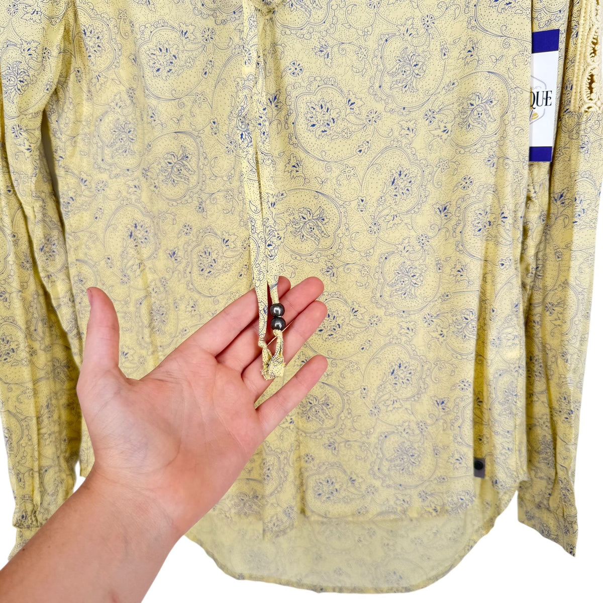 NWT Noble Outfitters XS Butter Yellow Paisley Boho Peasant Blouse Folklore Lace