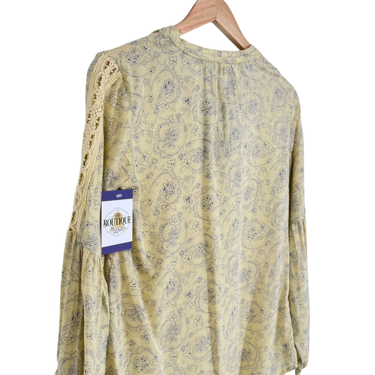 NWT Noble Outfitters XS Butter Yellow Paisley Boho Peasant Blouse Folklore Lace