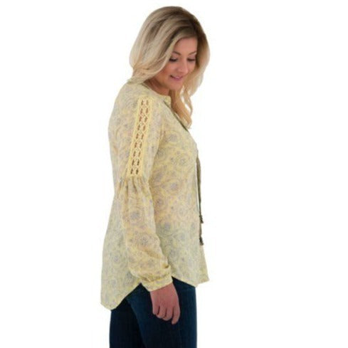 NWT Noble Outfitters XS Butter Yellow Paisley Boho Peasant Blouse Folklore Lace