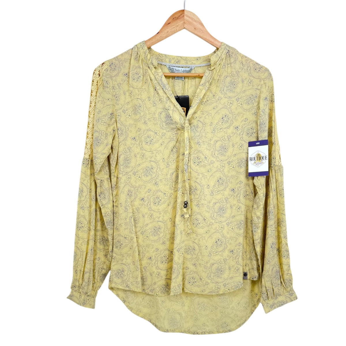 NWT Noble Outfitters XS Butter Yellow Paisley Boho Peasant Blouse Folklore Lace