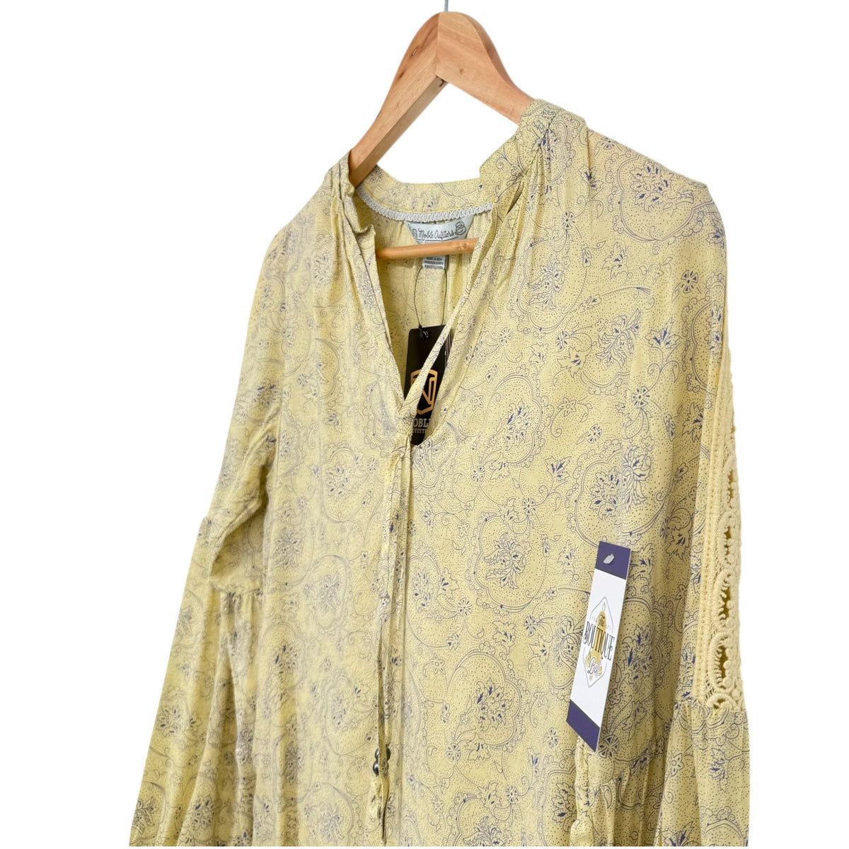 NWT Noble Outfitters XS Butter Yellow Paisley Boho Peasant Blouse Folklore Lace
