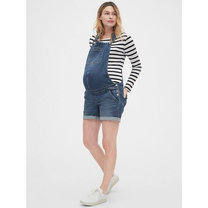 GAP Maternity XL Denim Shortall Medium Wash Overall Jeans Rolled Hem Adjustable