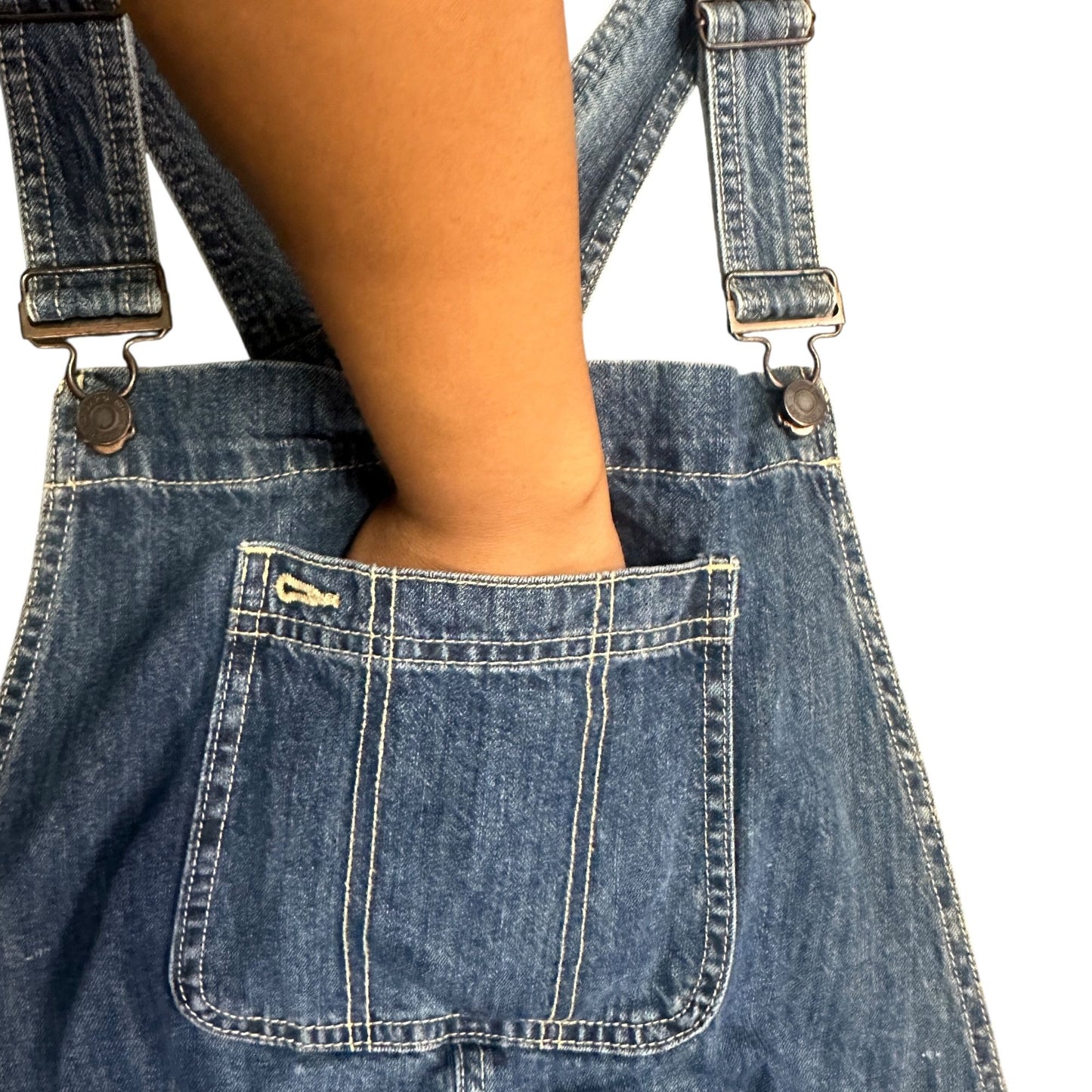 GAP Maternity XL Denim Shortall Medium Wash Overall Jeans Rolled Hem Adjustable