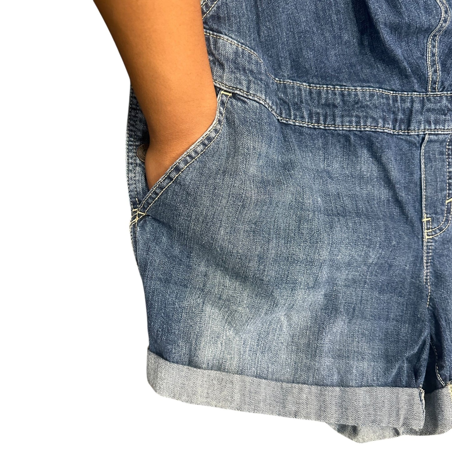 GAP Maternity XL Denim Shortall Medium Wash Overall Jeans Rolled Hem Adjustable
