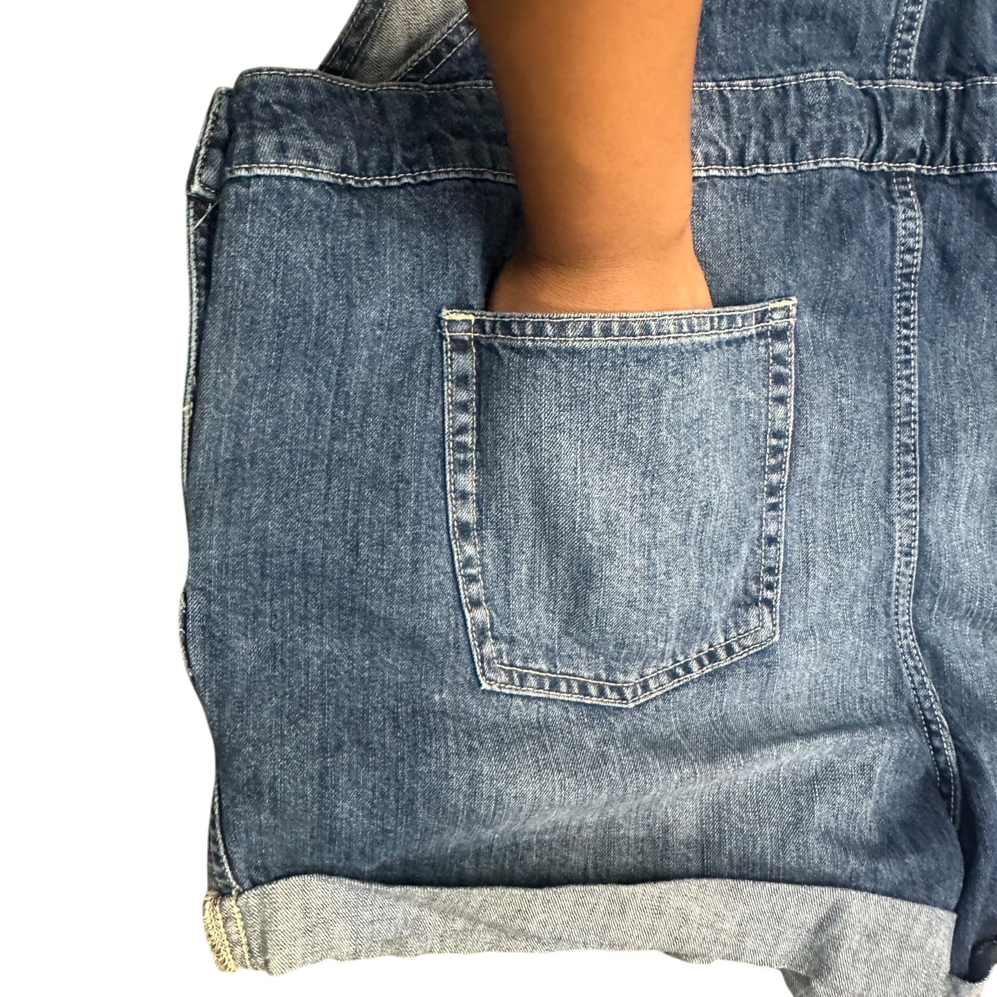 GAP Maternity XL Denim Shortall Medium Wash Overall Jeans Rolled Hem Adjustable
