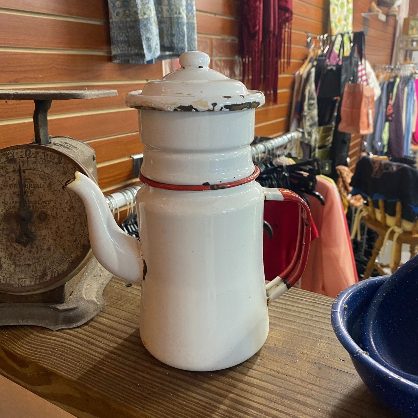 Vintage French Drip Enamel Ware Tea Kettle Coffee Strainer 3pc Red White 1950s