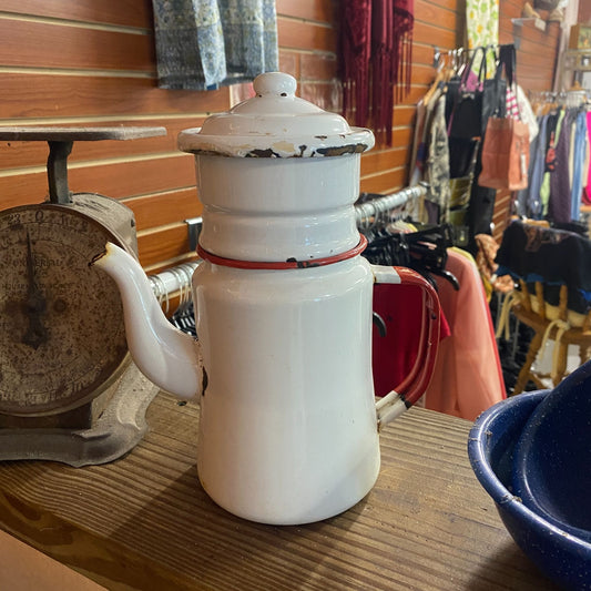 Vintage French Drip Enamel Ware Tea Kettle Coffee Strainer 3pc Red White 1950s