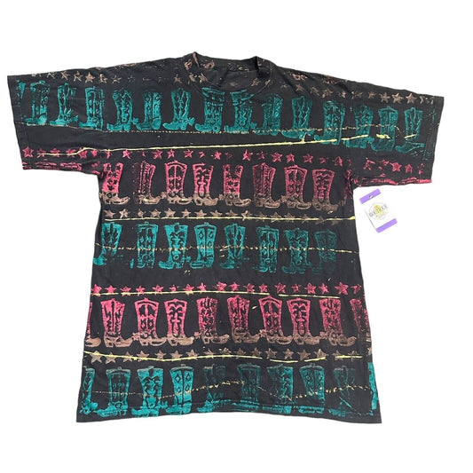 Vtg Western AOP Tshirt Cowboy Boots Single Stitch Art to Wear Retro Mens XL
