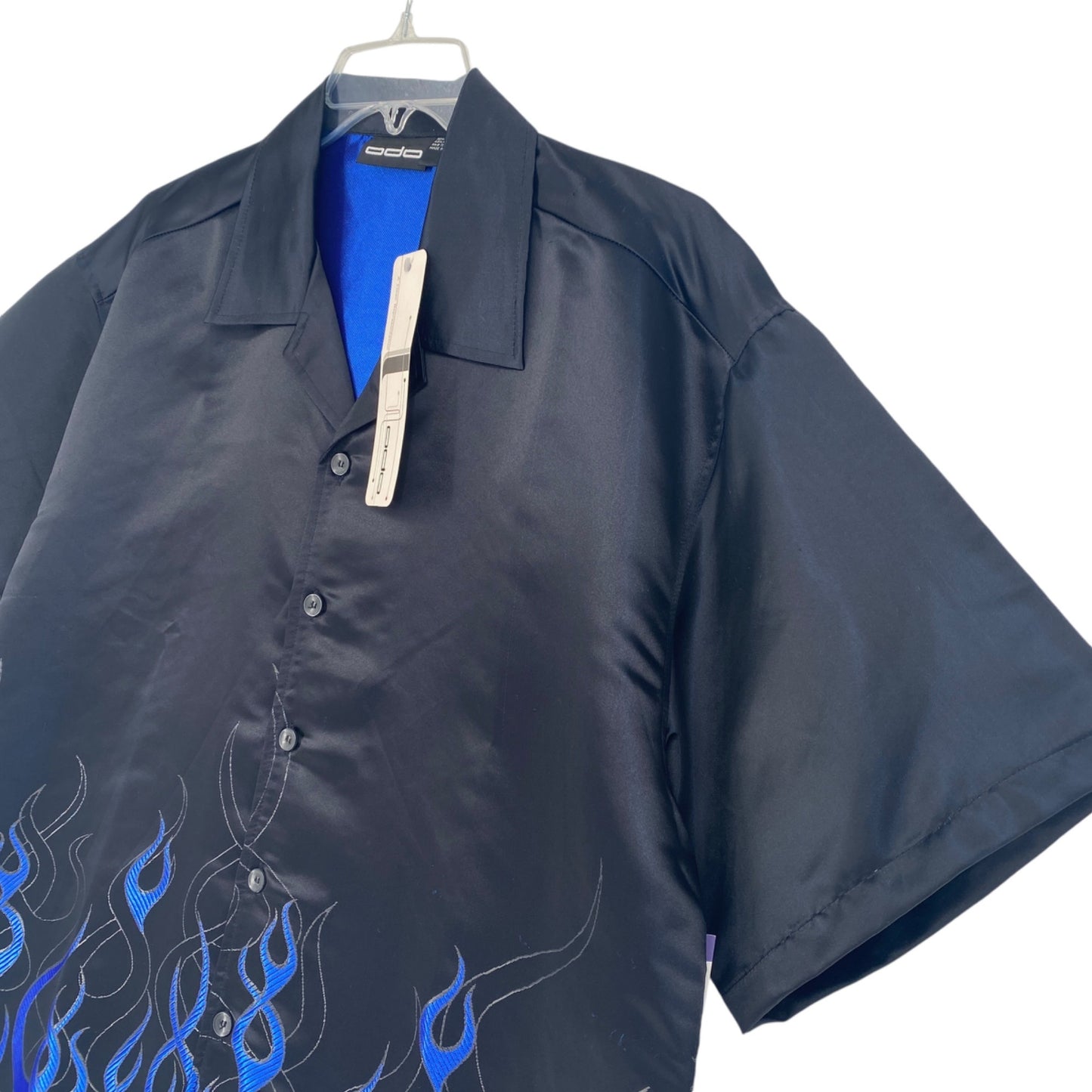 NWT Vintage ODO XL Black Shirt Blue Flames Short Sleeve Button Up Fire 90s y2K