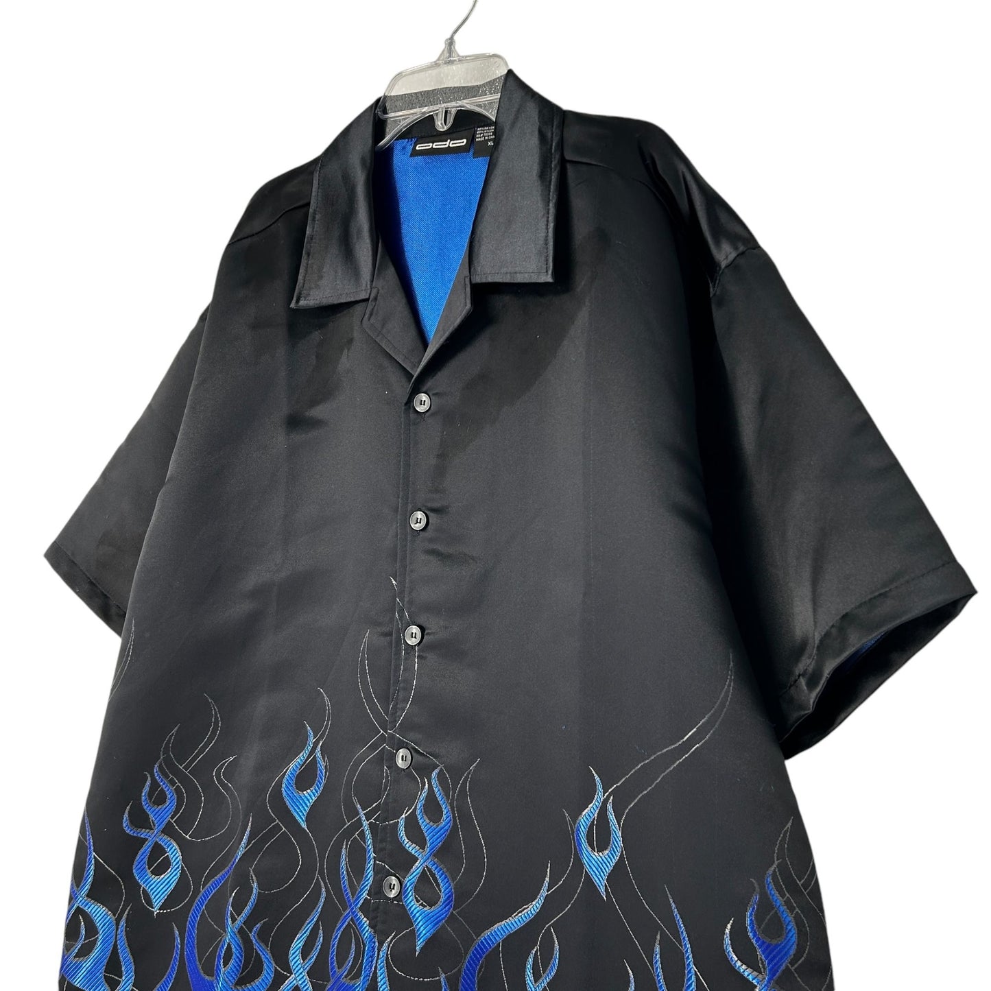 NWT Vintage ODO XL Black Shirt Blue Flames Short Sleeve Button Up Fire 90s y2K