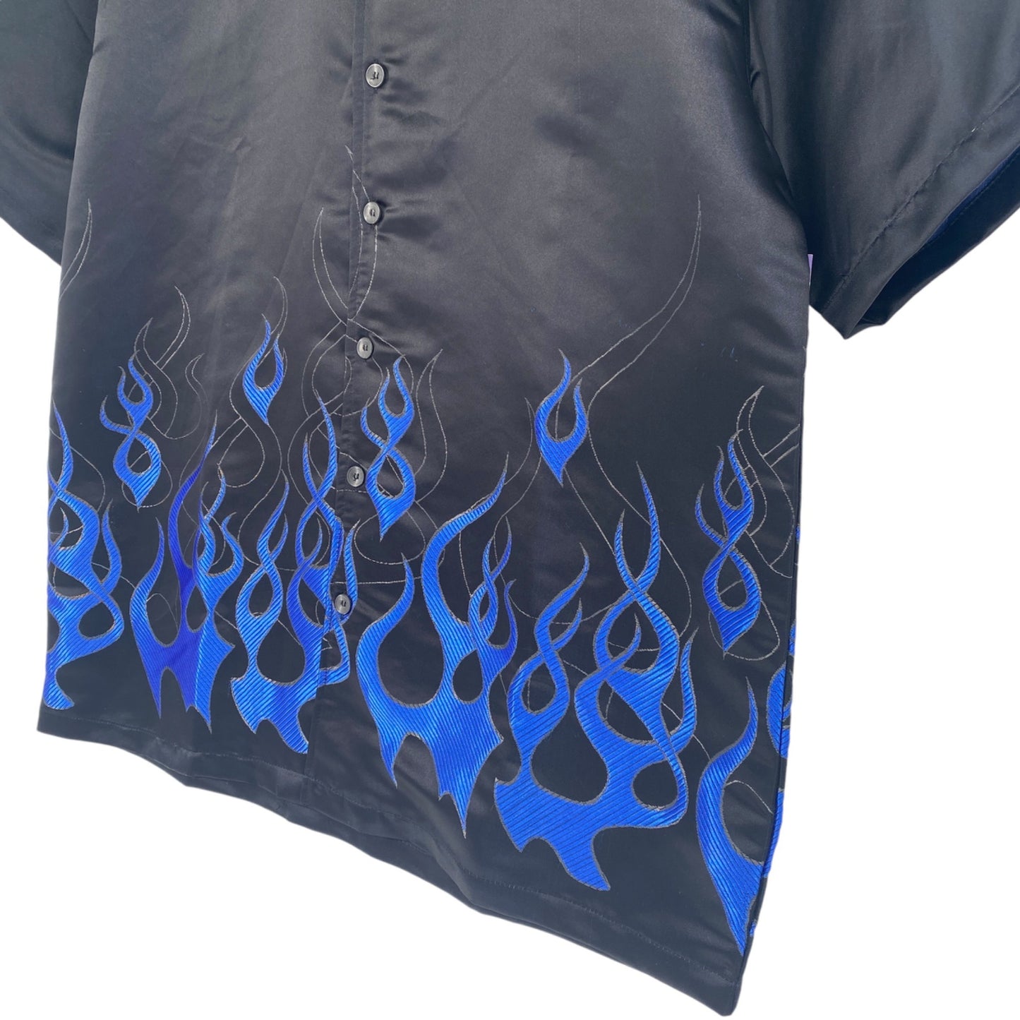 NWT Vintage ODO XL Black Shirt Blue Flames Short Sleeve Button Up Fire 90s y2K