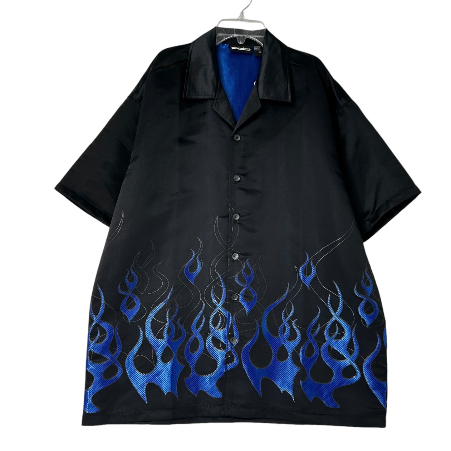 NWT Vintage ODO XL Black Shirt Blue Flames Short Sleeve Button Up Fire 90s y2K