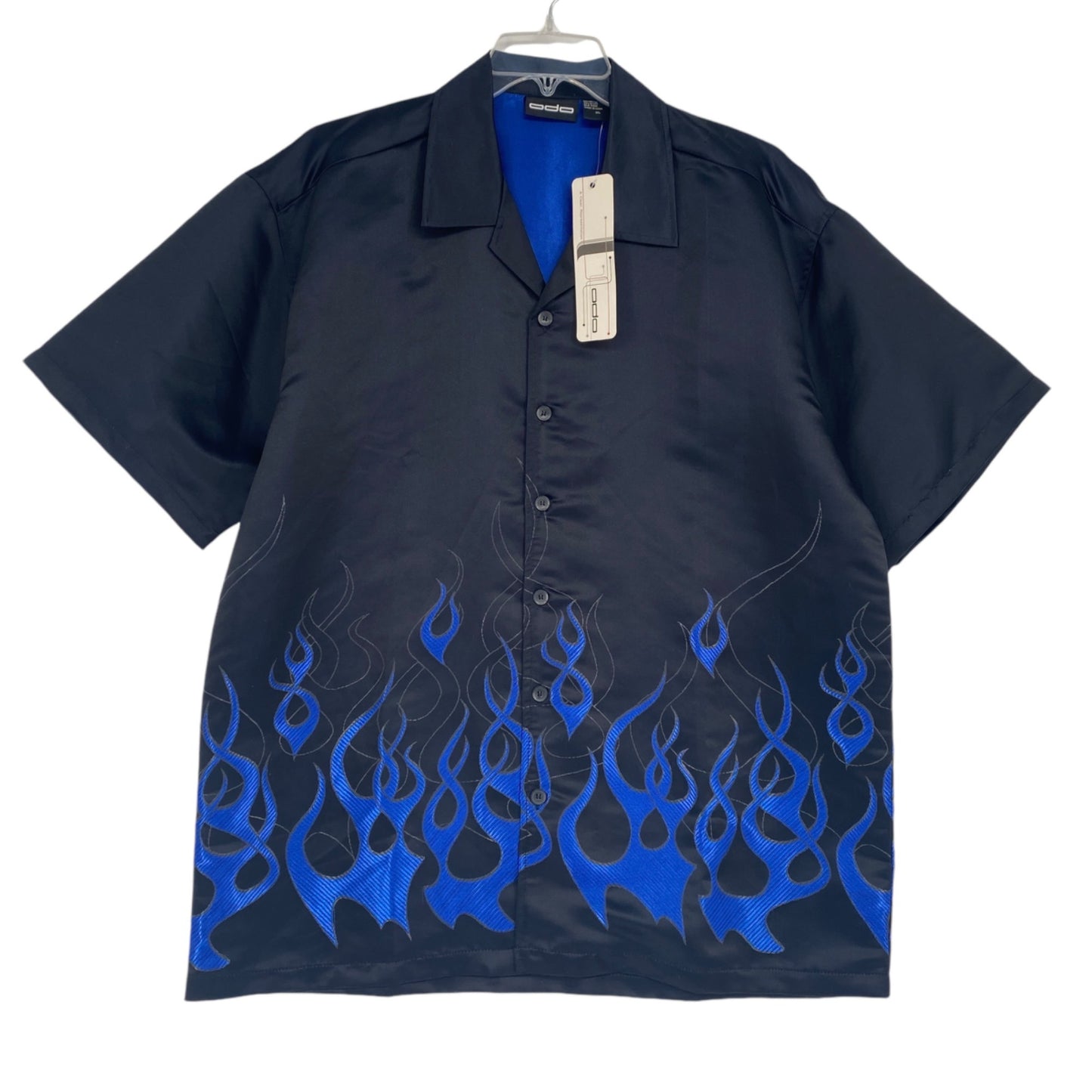 NWT Vintage ODO XL Black Shirt Blue Flames Short Sleeve Button Up Fire 90s y2K