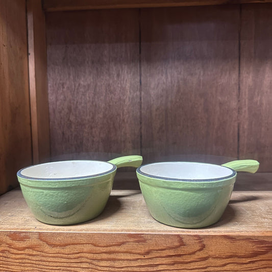 Vtg 16 Oz Green Enamel Cast Iron Sauce Pans Soup Bowls W/ Handles - Set of 2