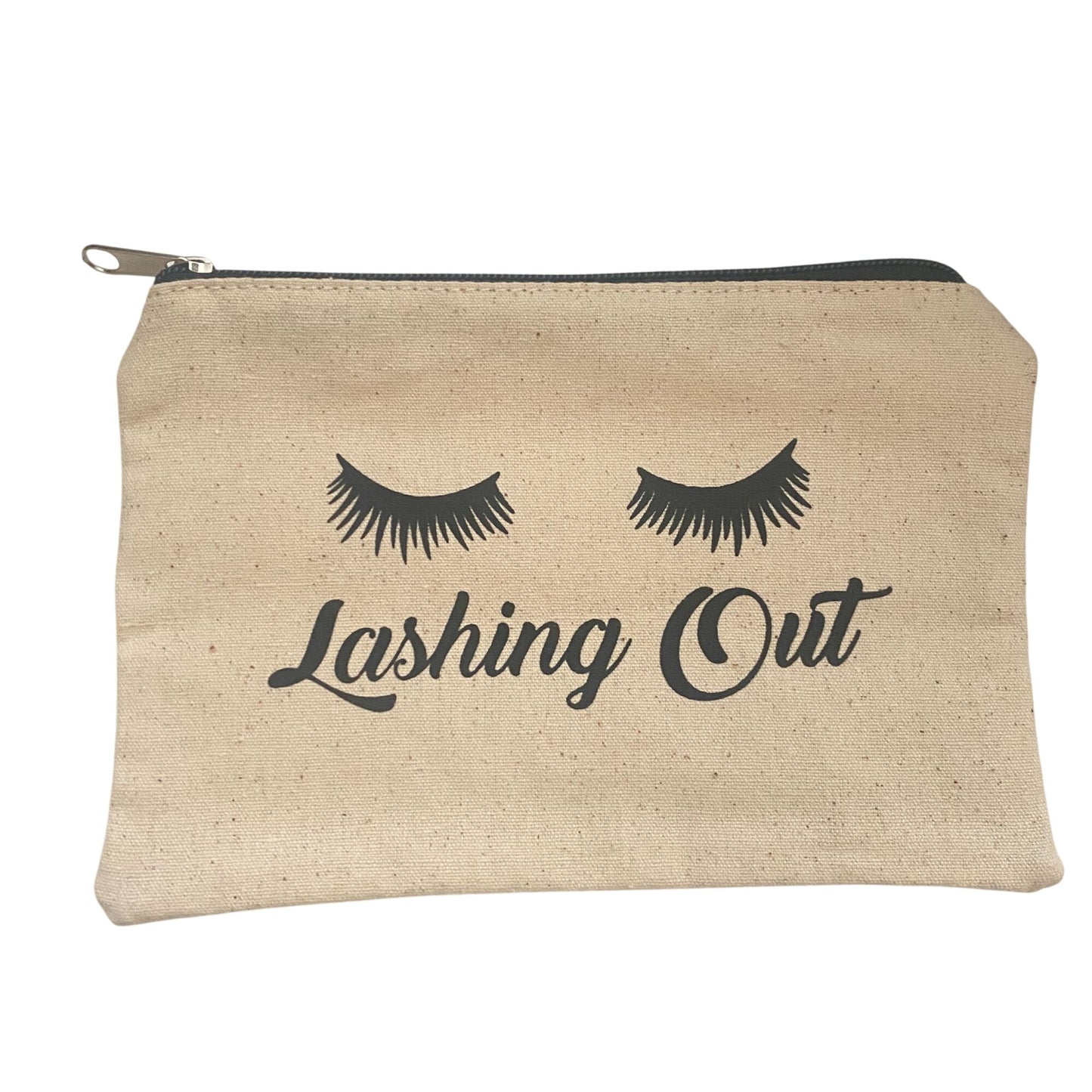 Lashing Out Canvas MakeUp Bag Eyelash Zip Closure Natural Beige Cotton 9x6