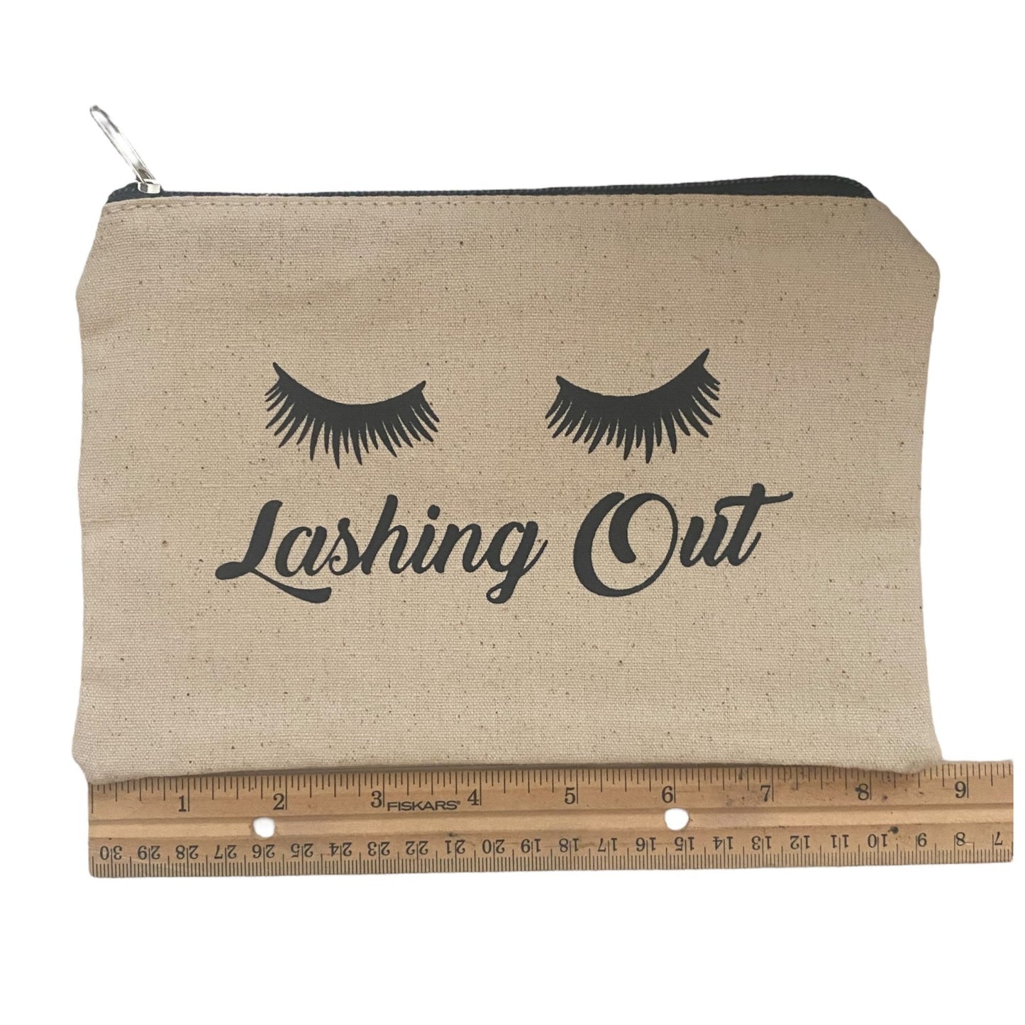 Lashing Out Canvas MakeUp Bag Eyelash Zip Closure Natural Beige Cotton 9x6