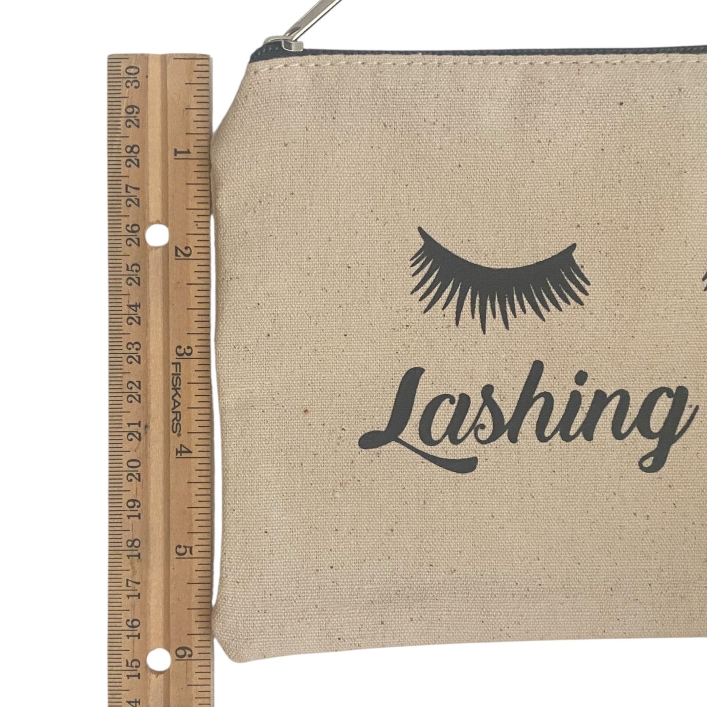 Lashing Out Canvas MakeUp Bag Eyelash Zip Closure Natural Beige Cotton 9x6