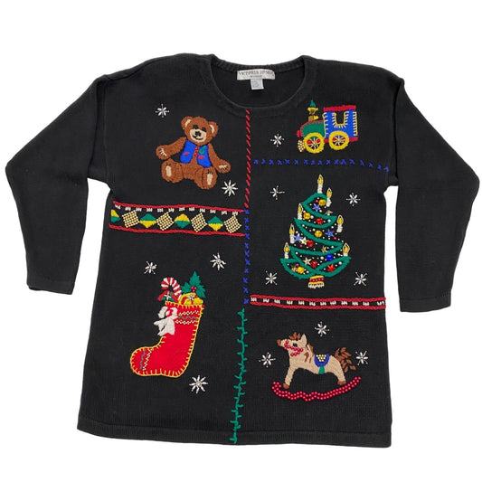 Womens Vtg Christmas Sweater Victoria Jones 3XL Black Holiday Novelty Festive