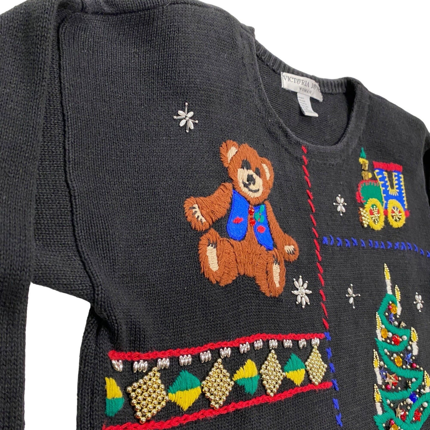 Womens Vtg Christmas Sweater Victoria Jones 3XL Black Holiday Novelty Festive