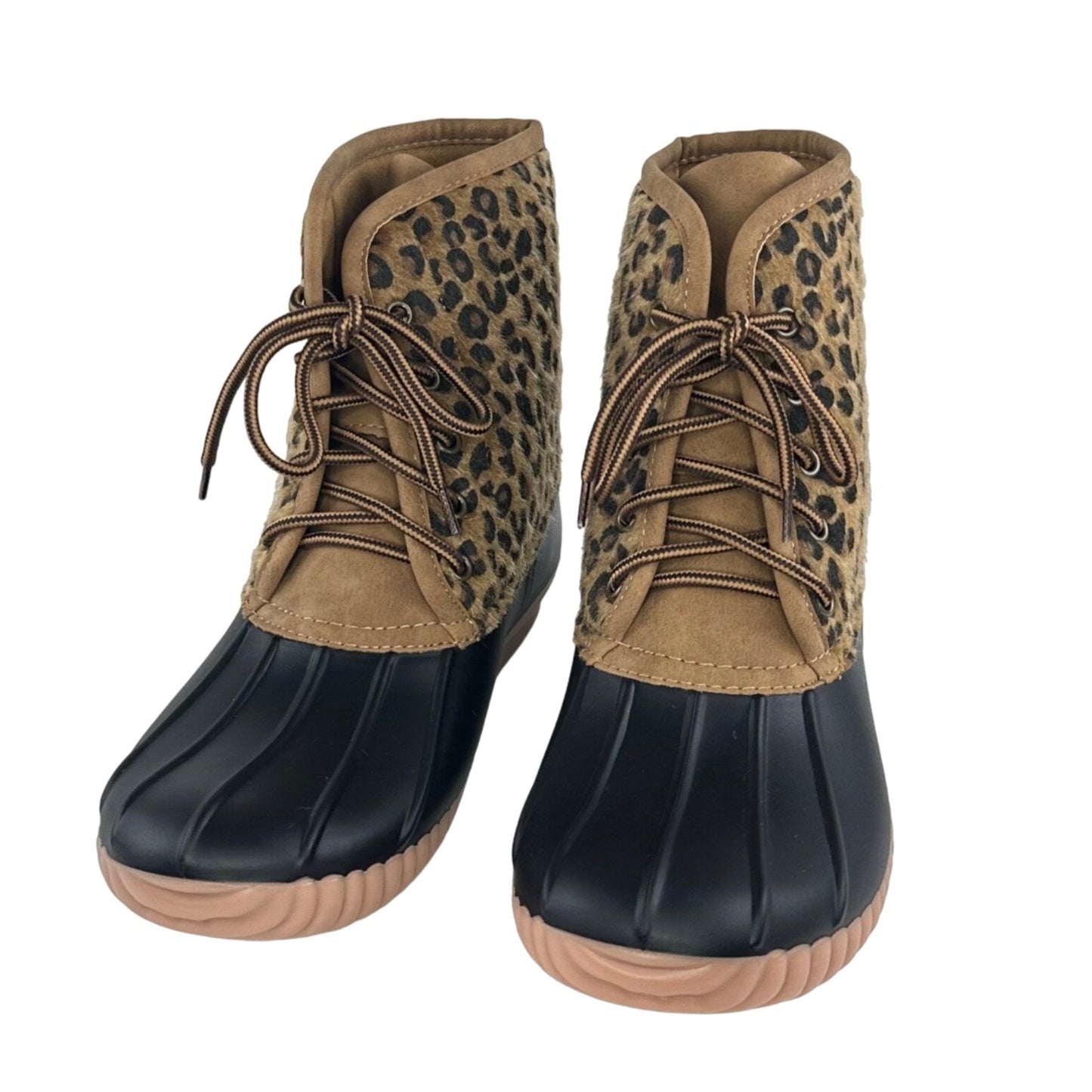 NWB Marley Lilly Womens 10 Leopard Print Duck Boots Lace Up Tan Brown Round Toe