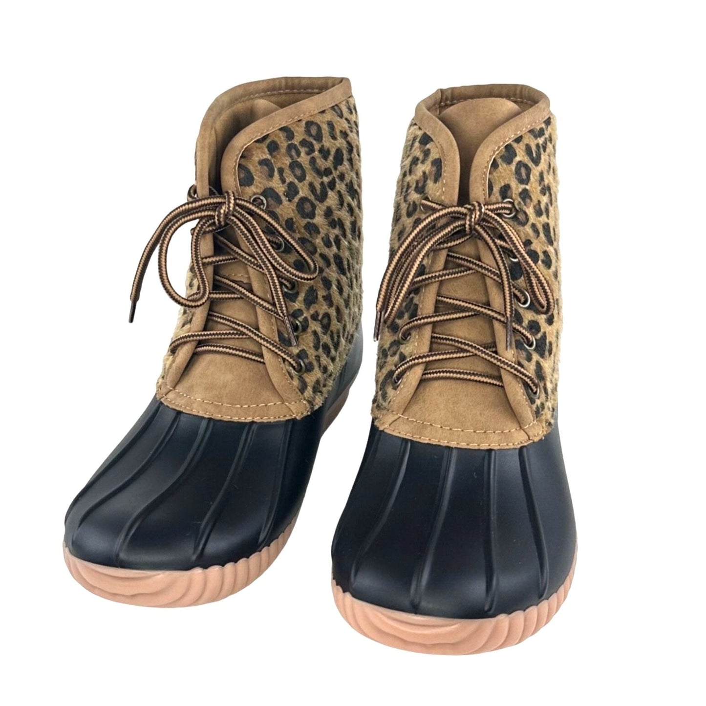 NWB Marley Lilly Womens 10 Leopard Print Duck Boots Lace Up Tan Brown Round Toe