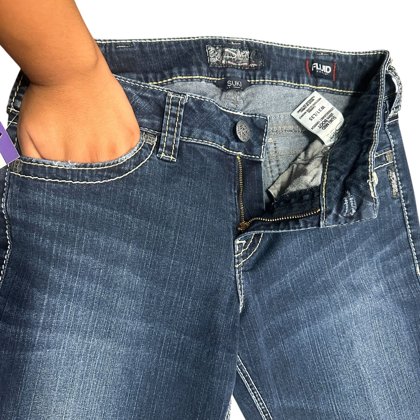 Silver Jeans Suki Mid Slim Boot Jeans Womens 31x35 Long Inseam Faux Flap Pockets