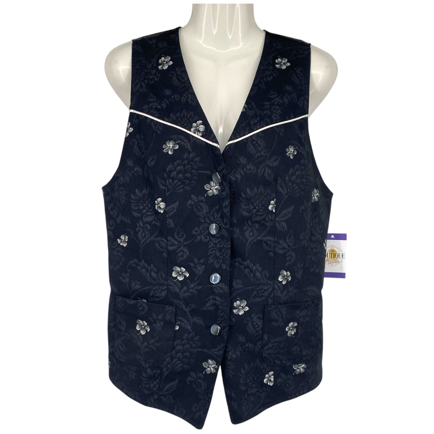 Vintage 90s Black Floral Tapestry Vest Fitted Button Dark Academia Whimsigoth