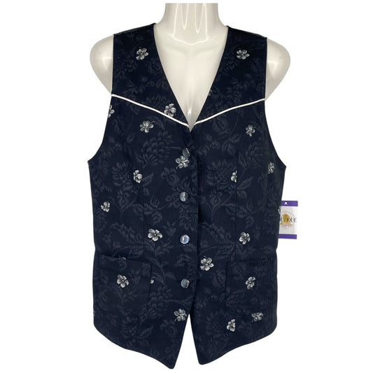 Vintage 90s Black Floral Tapestry Vest Fitted Button Dark Academia Whimsigoth